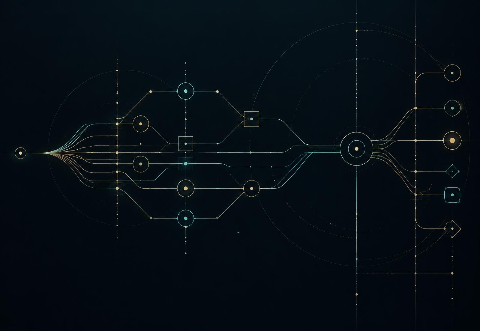Abstract diagram of a branching, node-based process model